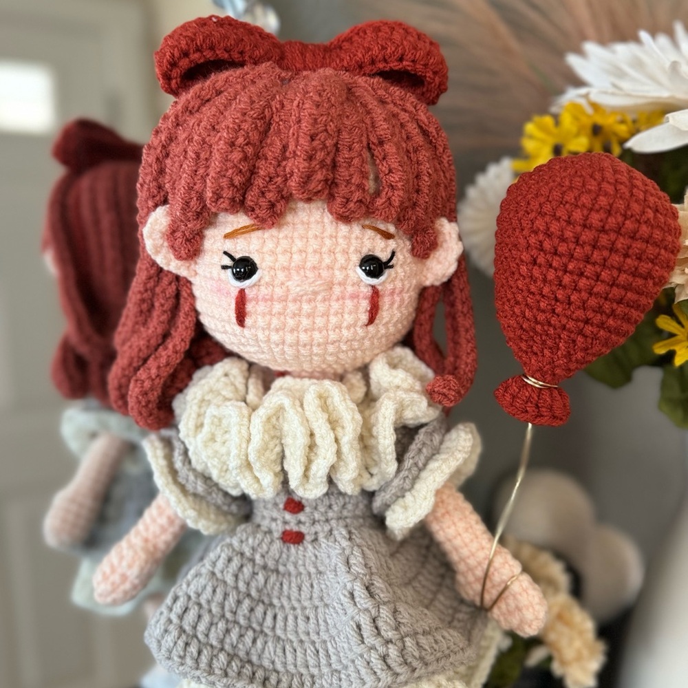 Handmade Crochet Doll. Inspired by Pennywise from horror movie IT.